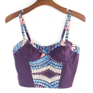 silence + noise M Boho Bra Crop Top in Purple Tribal Print